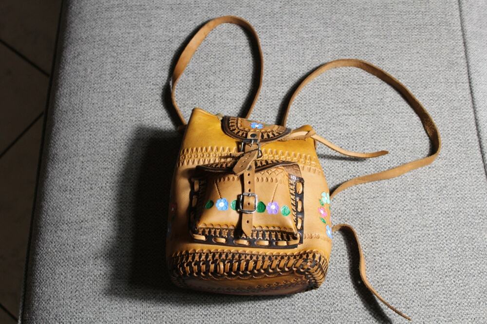 Mexican Folk Art Embossed Tooled Leather Painted Purple Mini Bag Backpack